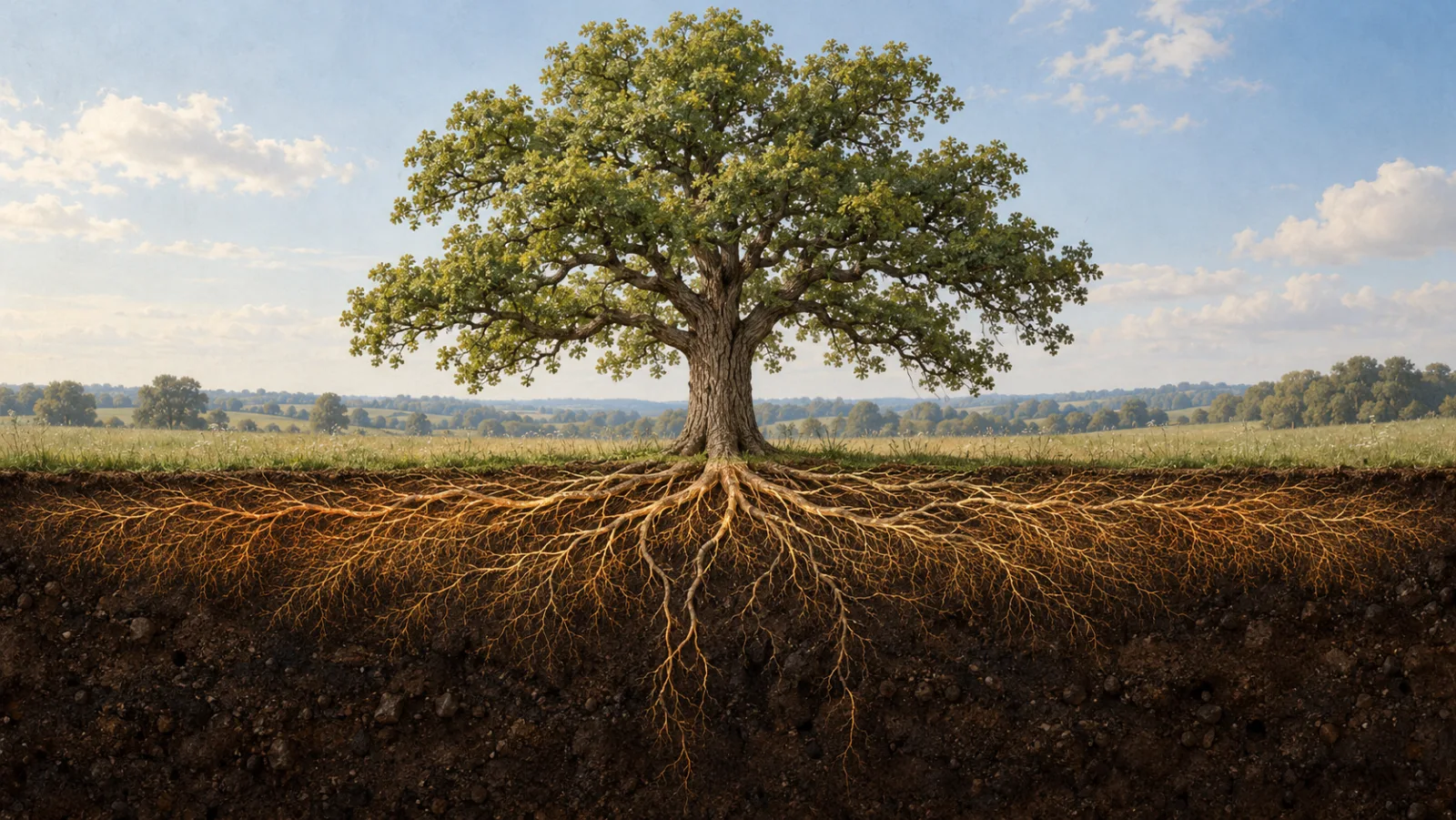 The same oak tree, now showing its root system spreading through the soil