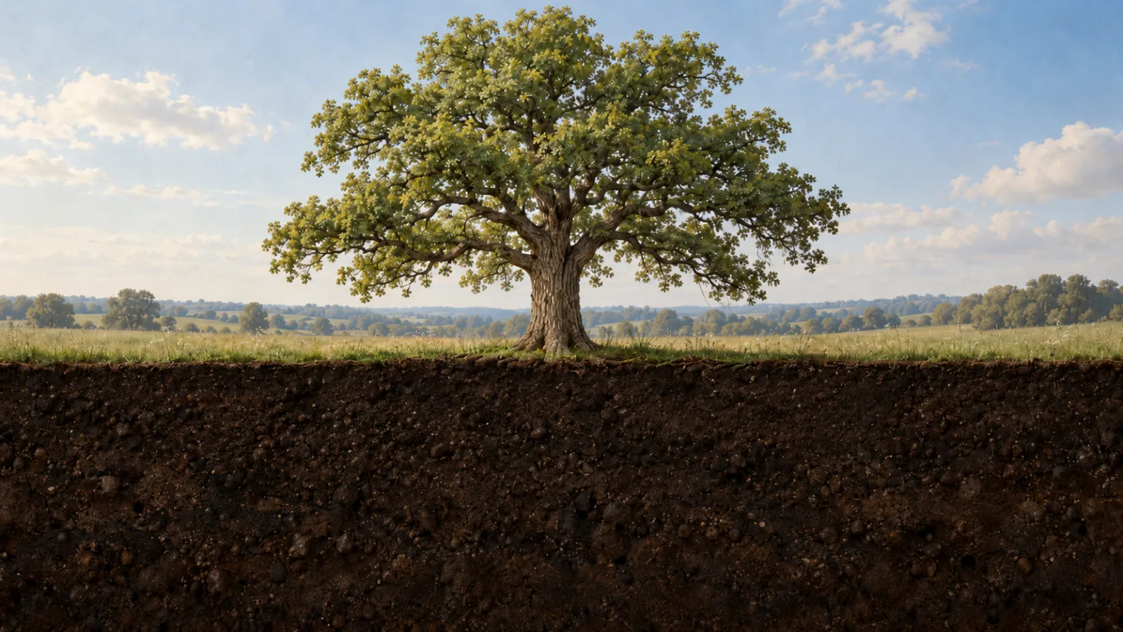 An oak tree in a field, with bare soil below the ground line