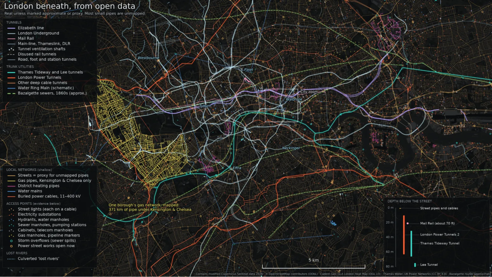 Map of London’s underground networks from open data: tunnels, trunk utilities, sewers, gas pipes, power cables and lost rivers